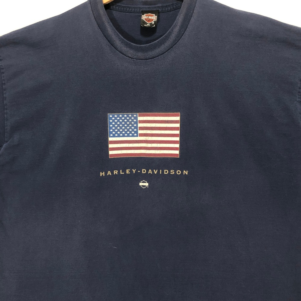 Vintage Harley‎ Davidson T Shirt American Flag Graphic Navy Blue 3XL Mens
